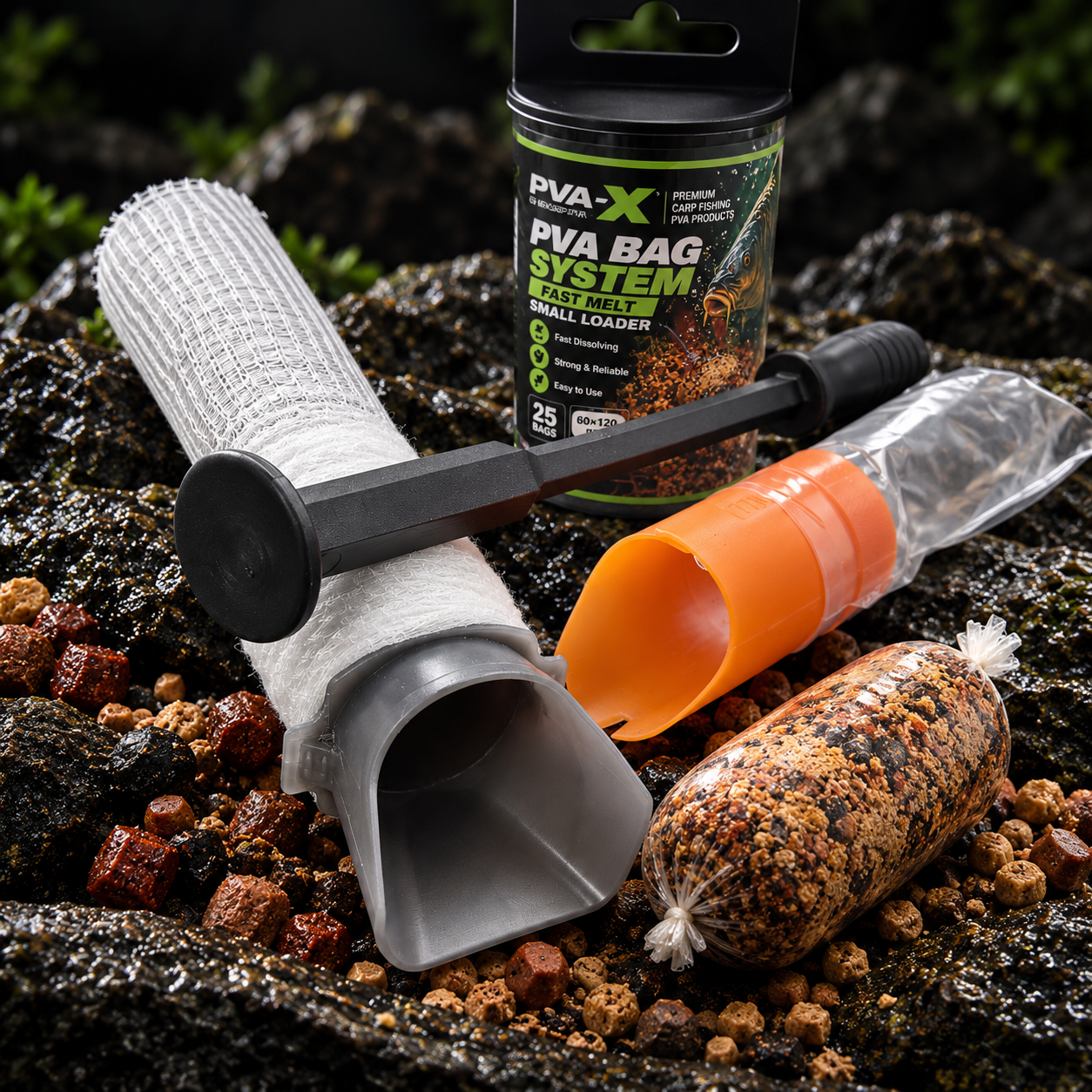 PVA-X mesh and bag loading systems with plunger and bait bag