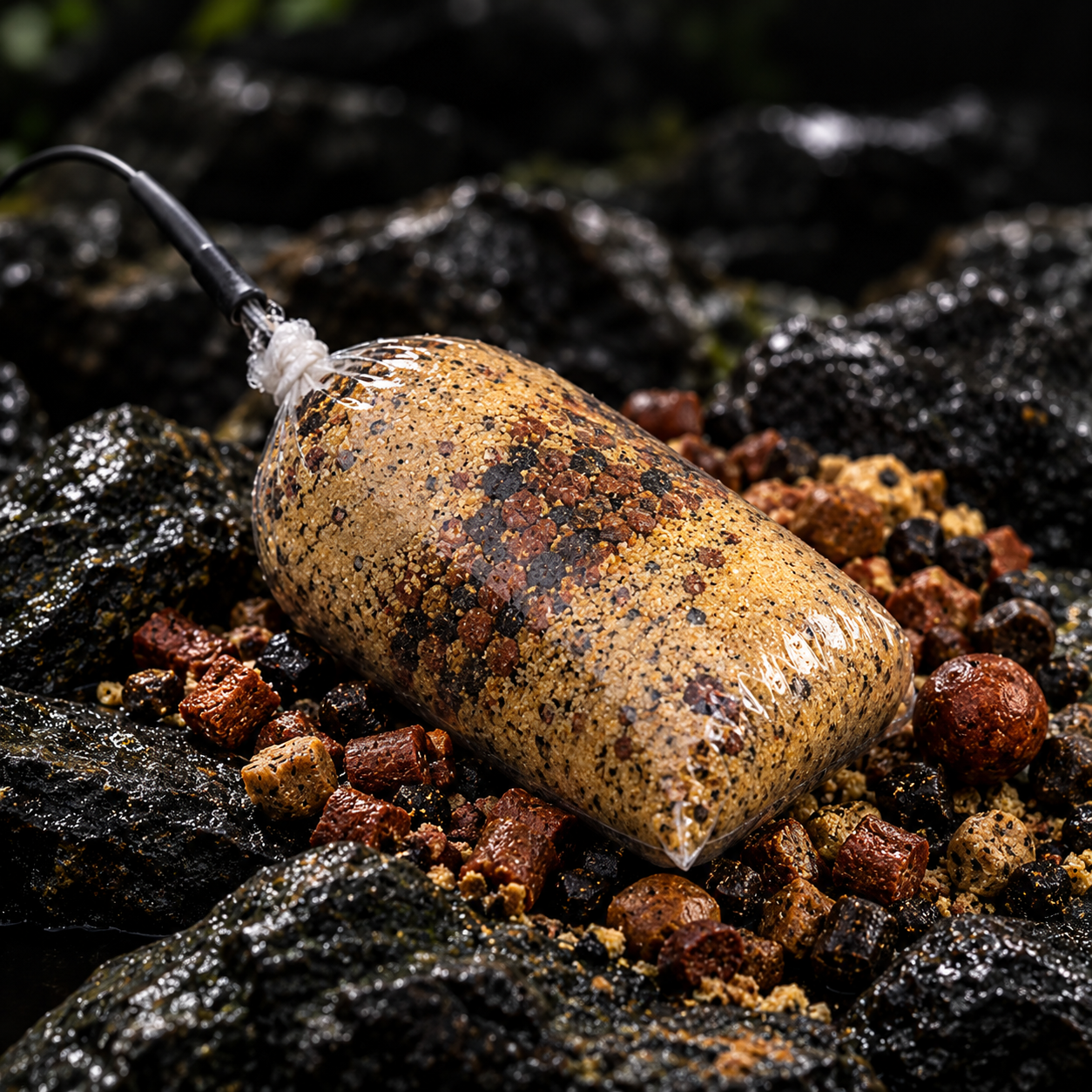 Solid PVA bait bag on dark rocks